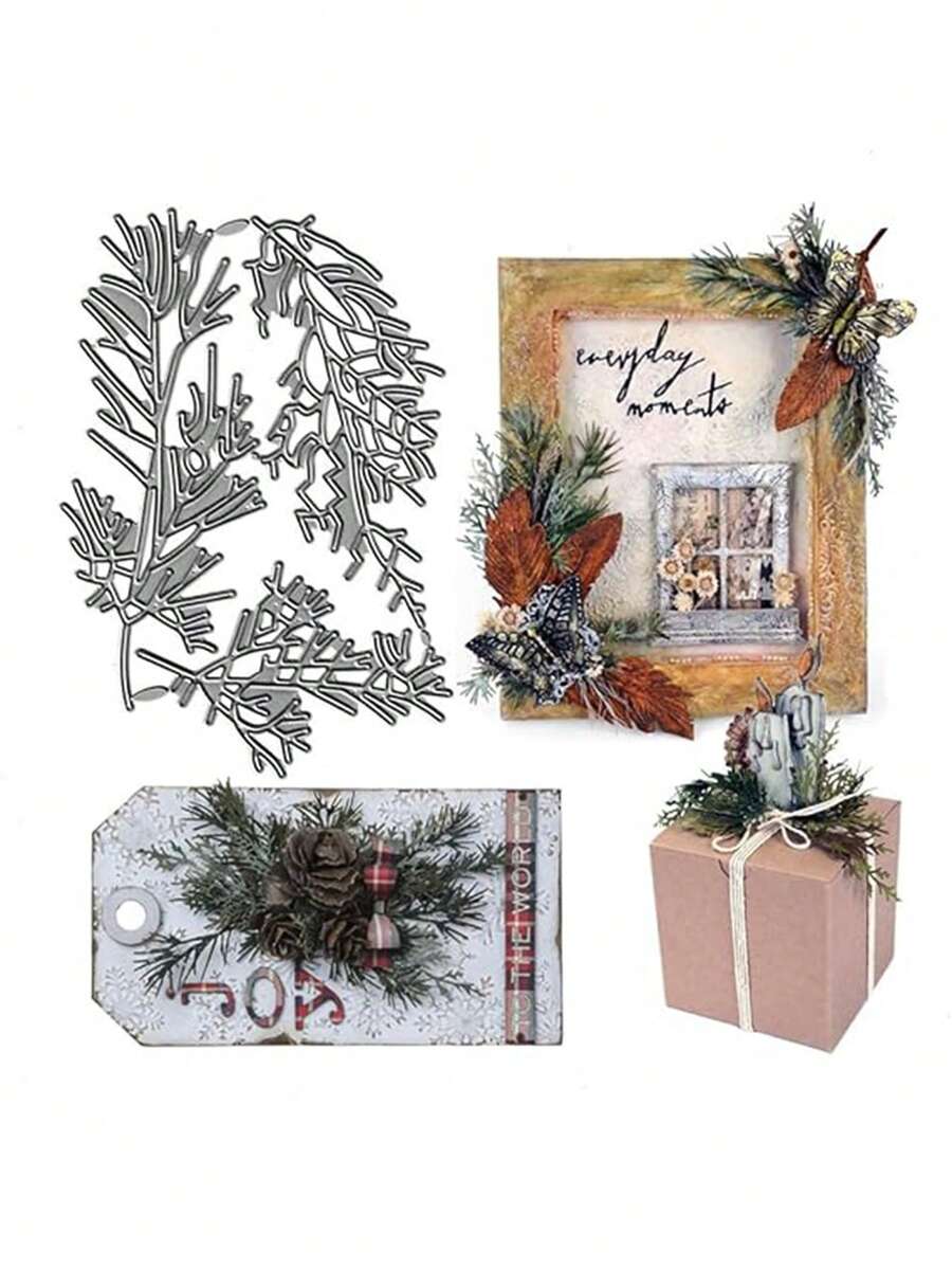 1入松針和葉子裝飾組合裝飾,碳鋼金屬浮雕剪紙刀模,簡單裝飾適用於信封賀卡框架diy刀模 - 銀色F - 查看 1