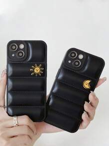 1pair Sun & Moon Patterned Black Couple Camera Lens Protection 3d Puff Jacket Design Phone Case, Compatible With Iphone (2pcs) - Multicolor - View 2