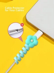 3 入組藍色花紋矽膠充電線保護套,適用於蘋果/安卓設備,多色線捲器 - 藍色 - 查看 4