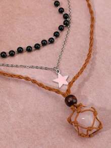 3件套黑珍珠、天然水晶、原石网编吊坠项链，复古风可调节网编绳吊坠项链，粉色星星项链，百搭个性Y2K女士项链 - 粉色 - 查看 4