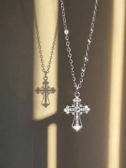 Fashionable Simple Dark Style Hollow Out Diamond Cross Pendant Necklace For Women