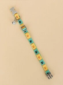 1pc Pet Bone Shaped Printed Nylon Collar With Buckle, Bell & Paw Print Pattern, Double-Sided Printed, For Small Dogs And Cats