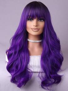 紫色瀏海歐美風女性長捲曲波浪合成纖維假髮,適合日常派對使用 - 紫色 - 查看 1