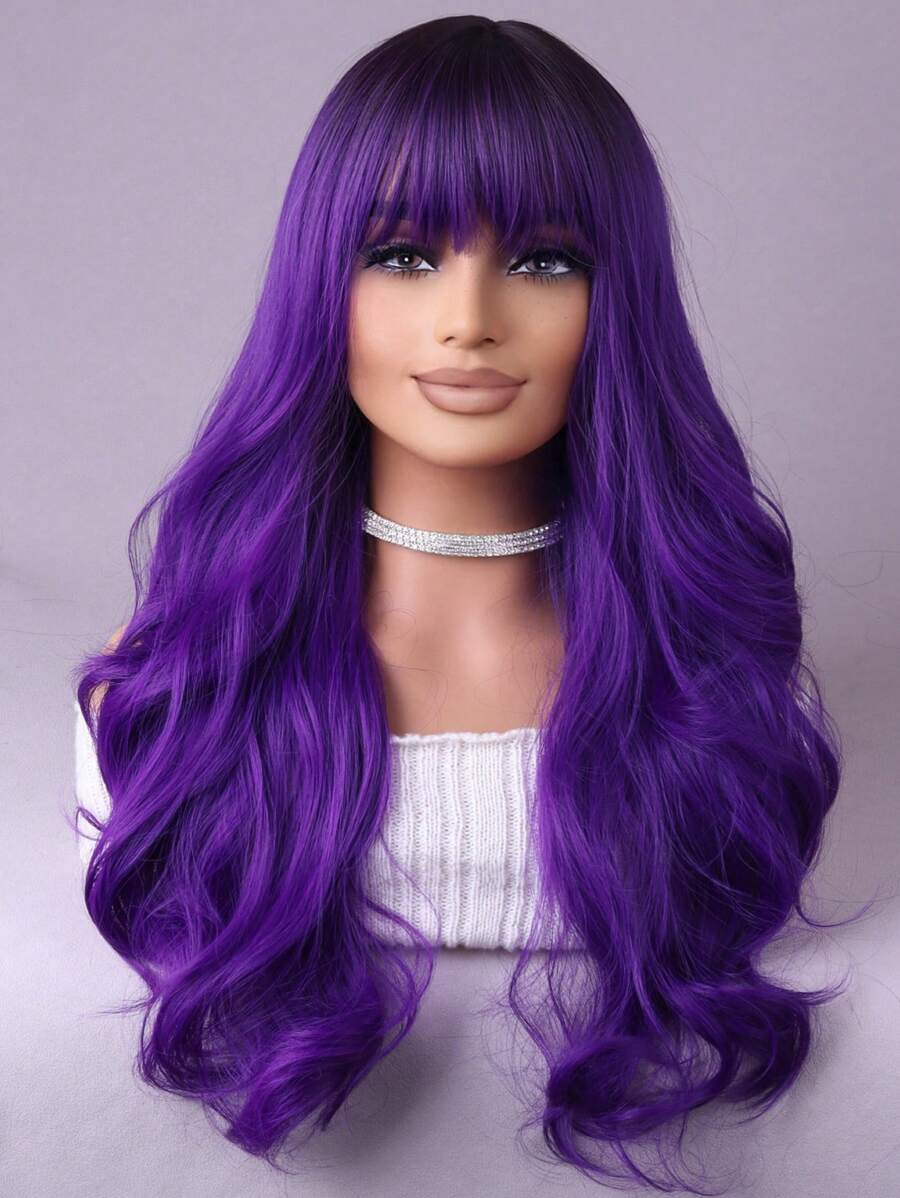 紫色瀏海歐美風女性長捲曲波浪合成纖維假髮,適合日常派對使用 - 紫色 - 查看 1