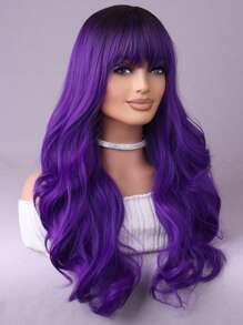 紫色瀏海歐美風女性長捲曲波浪合成纖維假髮,適合日常派對使用 - 紫色 - 查看 3