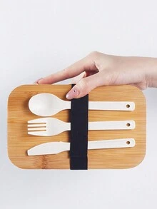 1入日式上班族風格木蓋單層便當盒,附餐具和保溫袋的商務便當盒 - 灰色 - 查看 5