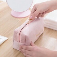 1pc Ins Style Flannel Cosmetic Bag With Large Capacity, Portable Handbag, Women's Toiletry Bag, Simple Waterproof Storage Bag For Travel - Burgundy - View 3