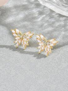 1對時尚珍珠蝴蝶形耳釘,鑲滿鑽石,流行百搭女士耳環,2021新品 - 彩色 - 查看 3