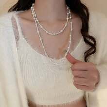 人造珍珠长项链毛衣链可堆叠奢华设计多层人造珍珠项链长毛衣链女士优雅时尚秋冬配饰装饰珠宝礼物 - 白色 - 查看 6