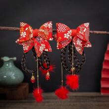 新年頭飾兒童髮飾,兒童蝴蝶結髮型,嬰兒節日髮夾 - 紅色 - 查看 2