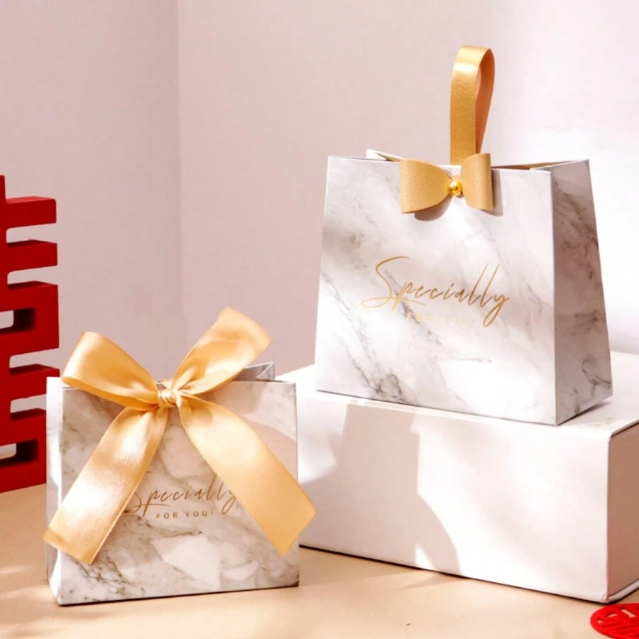 Wedding Favor Gift Bag Set With Handheld Paper Box For Festival, Party, Birthday, Bridal Shower, Chocolate, Candy, Snacks, Dessert Packaging - Marble Gift Bag Set - View 1