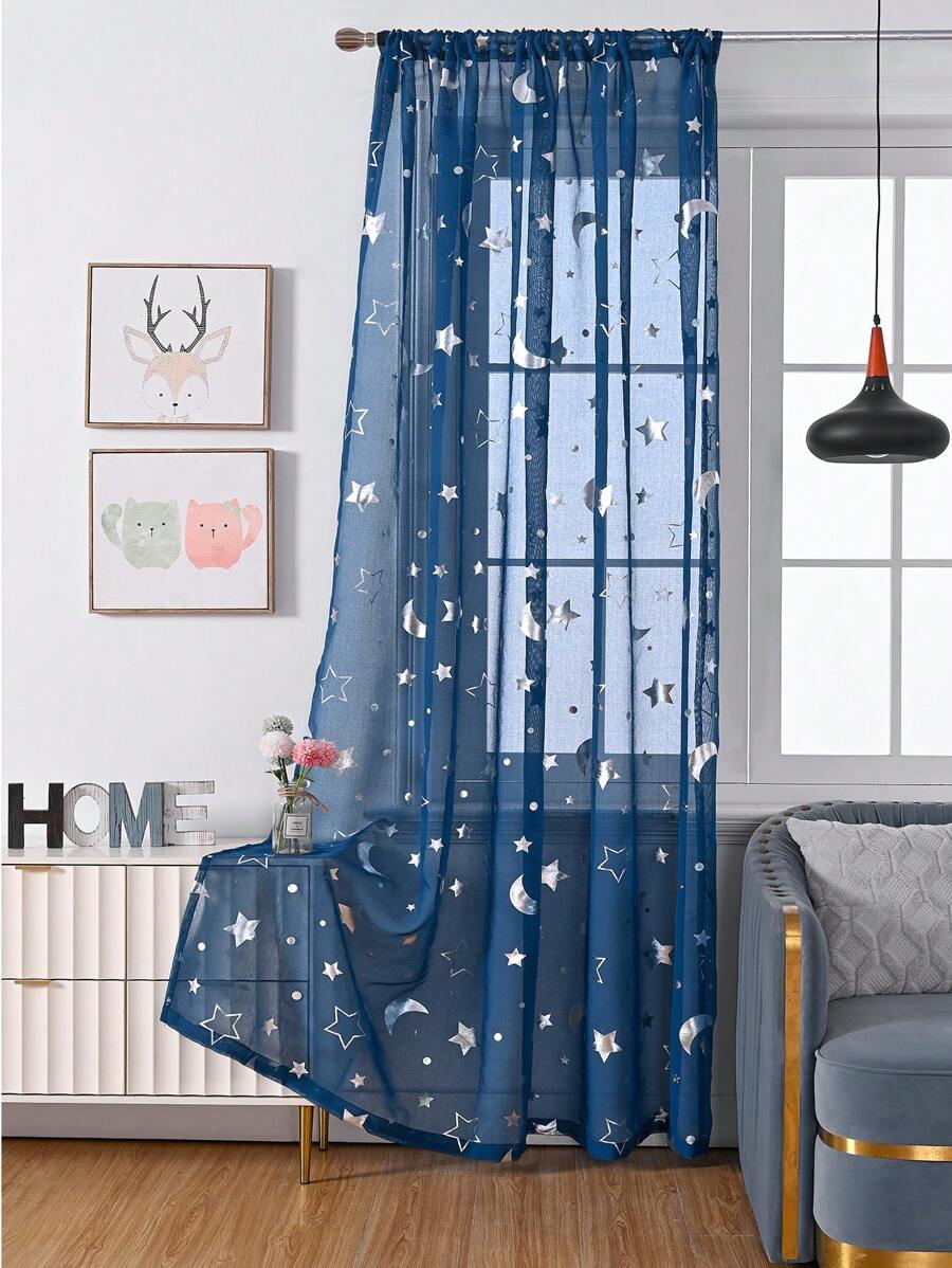 1入組輕盈柔軟銀星和月亮花紋燃燒網蕾紗窗簾 - 藍色 - 查看 1