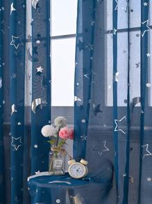 1入組輕盈柔軟銀星和月亮花紋燃燒網蕾紗窗簾 - 藍色 - 查看 2