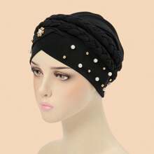 Nueva gorra de turbante de seda de leche con trenza de cuentas de unicolor estilo bandeau de cobertura para moño - Negro - Ver 2