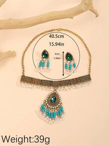 3pcs European & American Style Bohemian Exotic Waterdrop Rhinestone Inlaid Faux Pearl Beaded Tassel Earrings Collarbone Necklace Set - Green - View 4