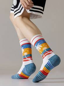 1對男士海灘日落和棕櫚樹紋圖案毛圈底厚墊運動壓縮襪,適用於運動、籃球、跑步訓練 - 彩色 - 查看 1