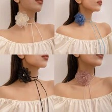 1條網狀花朵&皮革&蠟繩手工緊身項鍊 - 網紗花朵項鍊 - 查看 9