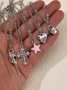 Conjunto de 5 colares estilo Y2K Retro Gótico Punk Rock, incluindo estrela, cruz com strass, cruz em formato de coração, pingentes em forma de borboleta, com corrente de aço inoxidável. Estilo Ins, Personalizado, Hip Hop, Estilo Boêmio, Colares de Pingente Love-Lock.