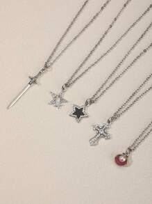Conjunto de 5 colares estilo Y2K Retro Gótico Punk Rock, incluindo estrela, cruz com strass, cruz em formato de coração, pingentes em forma de borboleta, com corrente de aço inoxidável. Estilo Ins, Personalizado, Hip Hop, Estilo Boêmio, Colares de Pingente Love-Lock.