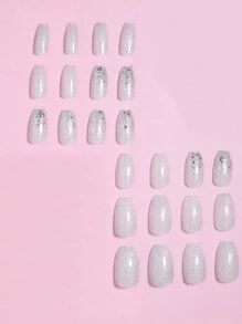 VV MEI JIA ER 24入組短款閃亮UV塗層指壓式假指甲，棺材型亮片自粘指甲，附銀色亮片設計，適用於女性和女孩，1張膠帶和1支指甲錐，美甲用品 - 銀色 - 查看 3