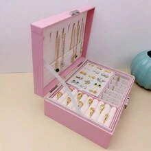 1pc Pu Leather Jewelry Box With Double Layer Large Capacity Jewelry Organizer, Suitable For Home Or As A Gift For Women - Pink - View 11