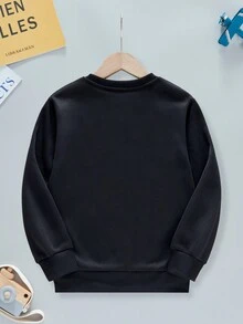 Young Boy Valentine's Day Heart & Letter Print Thermal Lined Crew Neck Sweatshirt - 黑色 - 查看 2