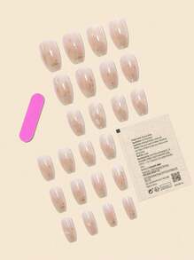 Get Glamorous With 24pcs Short Coffin Glitter Sequins Marble Print Fake Nail & 1pc Nail File & 1sheet Tape Press On Nails Nail Supplies
