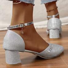 女士哑光纹理踝带粗跟圆头鞋（5 厘米），非常适合派对、户外和购物 - 銀色 - 查看 3