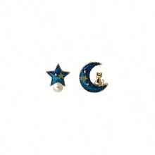 Fashionable Korean Style Blue Star & Moon Asymmetric Mini Stud Earrings Suitable For Daily And Evening Wear For Women And Students - Blue - View 4