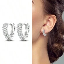 1對女人用立方氧化鋯心形耳環,抗敏925純銀耳環,時尚生日禮物 - 銀色 - 查看 1