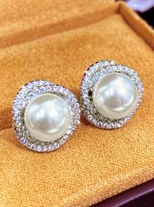1 对时尚仿珍珠耳环女士白金色花朵耳环水晶首饰派对适用