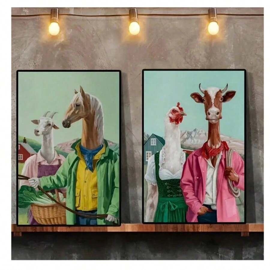 2入組畫畫海報印花有趣的農場動物壁畫,彩色抽象綿羊馬牛雞海報印花,房間圖片,家居裝飾,無框 - 綠色 - 查看 1