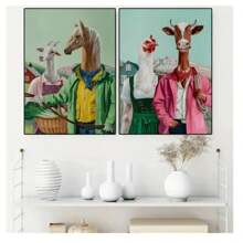 2入組畫畫海報印花有趣的農場動物壁畫,彩色抽象綿羊馬牛雞海報印花,房間圖片,家居裝飾,無框 - 綠色 - 查看 2