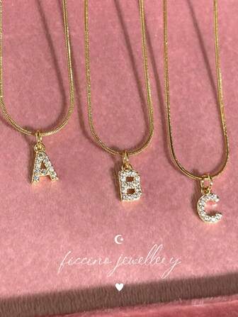 Ficcino Mini English Letter Gold Plated & Cubic Zirconia Inlay First Letter Pendant Necklace Women's Daily Wear Snake Chain Collarbone Chain Holiday Anniversary Gift With Box