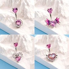 4 Piezas Conjunto De Anillos De Ombligo De Ojo De Gato & Alas & Corazón & Rosa De Acero Inoxidable Con Diamantes De Imitación, Espléndidos Accesorios Para El Uso Diario De Mujeres - Multicolor - Ver 1