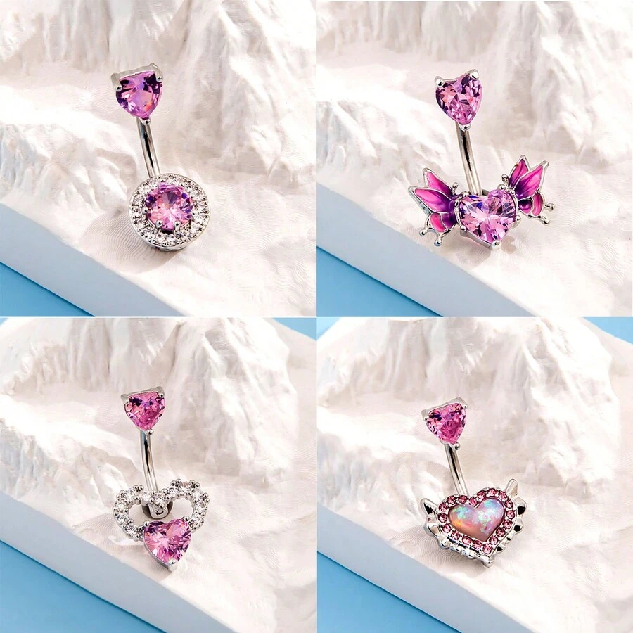 4 Piezas Conjunto De Anillos De Ombligo De Ojo De Gato & Alas & Corazón & Rosa De Acero Inoxidable Con Diamantes De Imitación, Espléndidos Accesorios Para El Uso Diario De Mujeres - Multicolor - Ver 1