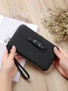 優雅蝴蝶結裝飾手機錢包,時尚卡槽和拉鍊口袋手機殼 - 黑色 - 查看 4