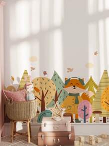 1卷卡通動物和植物紋理兒童房裝飾壁紙，自粘加厚防潮嬰兒房裝飾壁紙，不留殘膠，尺寸51.18X14.56英寸