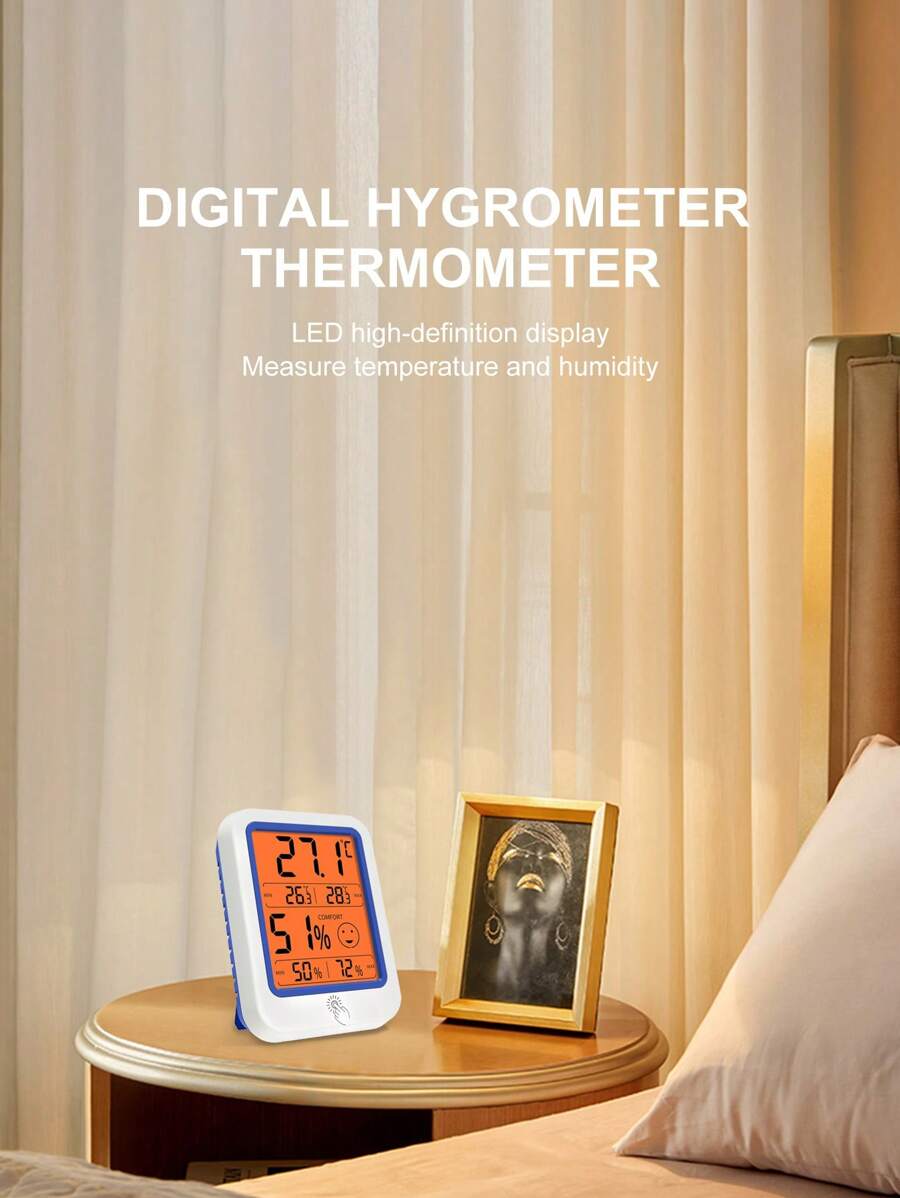 1pc Digital Lcd Display Temperature & Humidity Meter With Wide Viewing Angle, Quick Reading And High Accuracy, Including A Night Light Function. Suitable For Measuring Temperature And Humidity Indoors In Homes, Offices, Bathrooms, Etc. - Blue and White - View 1