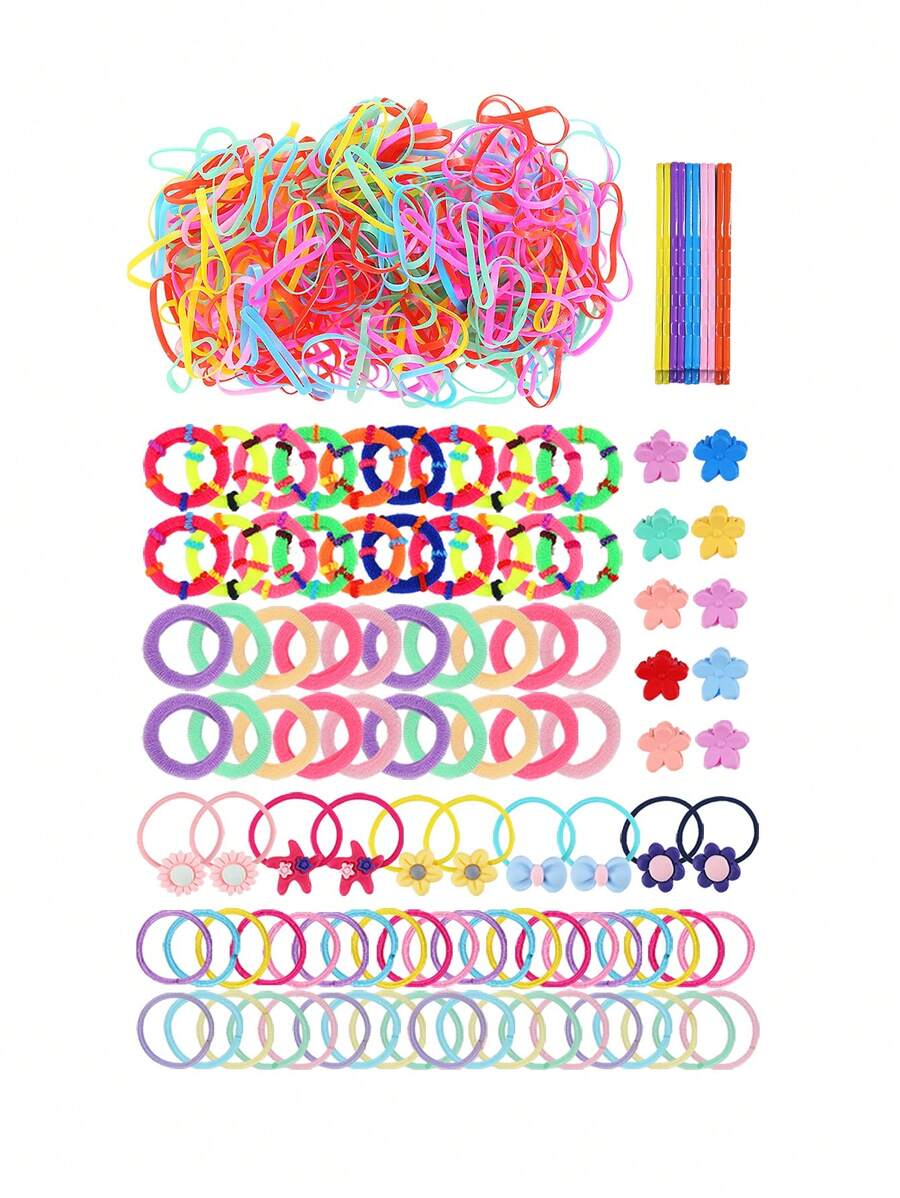 1,110pcs/Pack Child's Colorful Basic Hair Accessories Set, Includes Scrunchies, Hair Clips & Bands - Multicolor - View 1