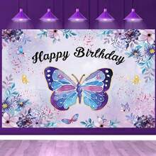 1set Pink & Purple Butterfly Happy Birthday Background Cloth Banner With Four Corners Hole & String For Indoor Outdoor Party Decoration 71x43inch - Style D - View 1