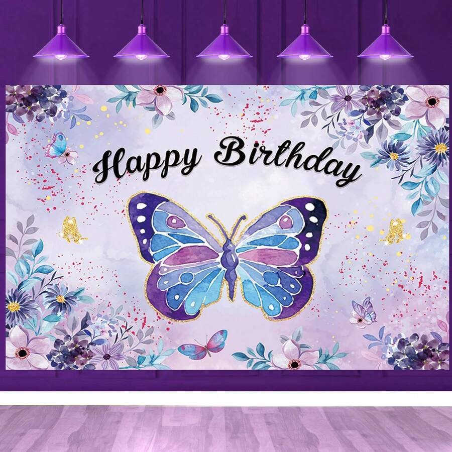 1set Pink & Purple Butterfly Happy Birthday Background Cloth Banner With Four Corners Hole & String For Indoor Outdoor Party Decoration 71x43inch - Style D - View 1