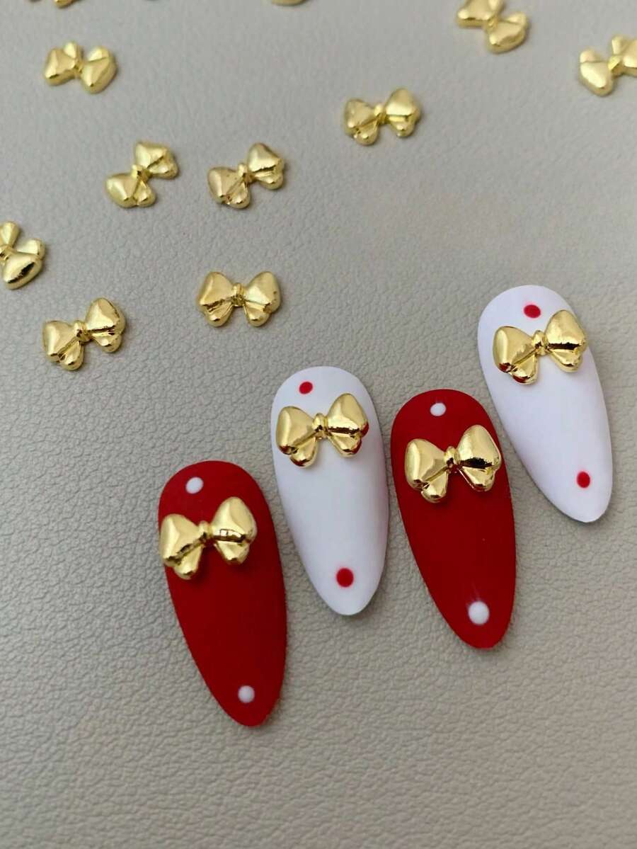 20入組鋁合金製蝴蝶結美甲飾品,蝴蝶結造型圓潤可愛,輕奢風格,指尖藝術diy必備 - 金色 - 查看 1