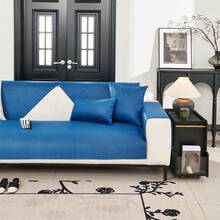 1pc Geometric Pattern Flannel Anti-Slip Sofa Cushion With Armrest And Backrest Covers - Royal Blue - View 6