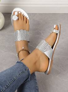 Women's Fashion Silver Rhinestone Decor Flat Sandals, Soft & Comfortable Outdoor Daily Vacation Multi-Functional Sandals Valentines - Silver - View 3