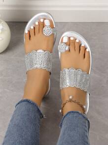 Women's Fashion Silver Rhinestone Decor Flat Sandals, Soft & Comfortable Outdoor Daily Vacation Multi-Functional Sandals Valentines - Silver - View 2