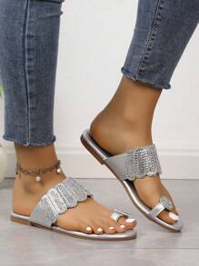 Women's Fashion Silver Rhinestone Decor Flat Sandals, Soft & Comfortable Outdoor Daily Vacation Multi-Functional Sandals Valentines - Silver - View 4