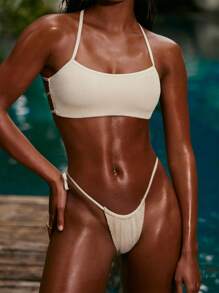 2 件装女士象牙色波浪图案露背文胸和侧系带泳裤比基尼套装夏季 - 白色 - 查看 1