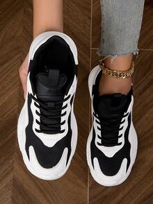 女性休閒純色簡約時尚前扣運動鞋 - 黑與白 - 查看 2