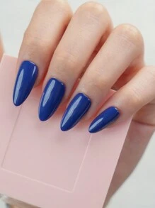 emtog 30 件裝長杏仁形寶石色淺藍色光澤假指甲,1 件指甲緩衝液,1 件果凍膠,用簡單的純色升級您的日常造型 - 寶藍色 - 查看 1